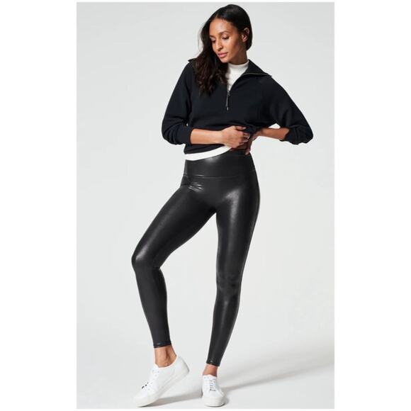 Spanx Women’s Sz XL Black Faux Leather High Rise Leggings Pull On Shaping - Picture 1 of 16